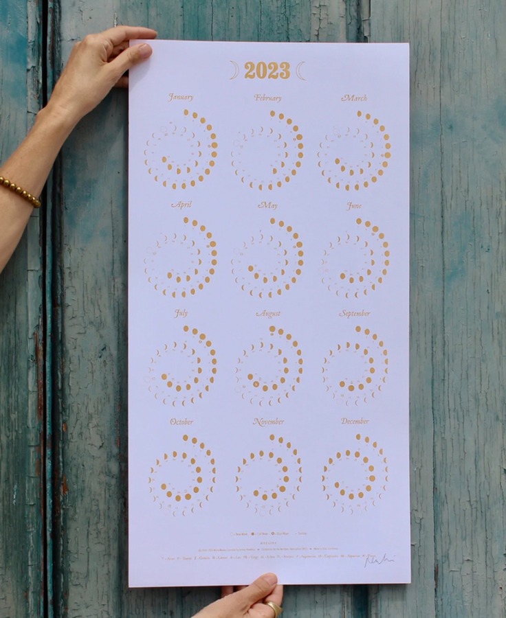 2023 Moon Calendar Gold on white recycled paper - Large