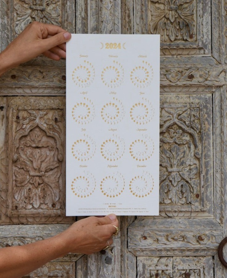 2024 Moon Calendar gold foil on pearl white recycled paper - Small