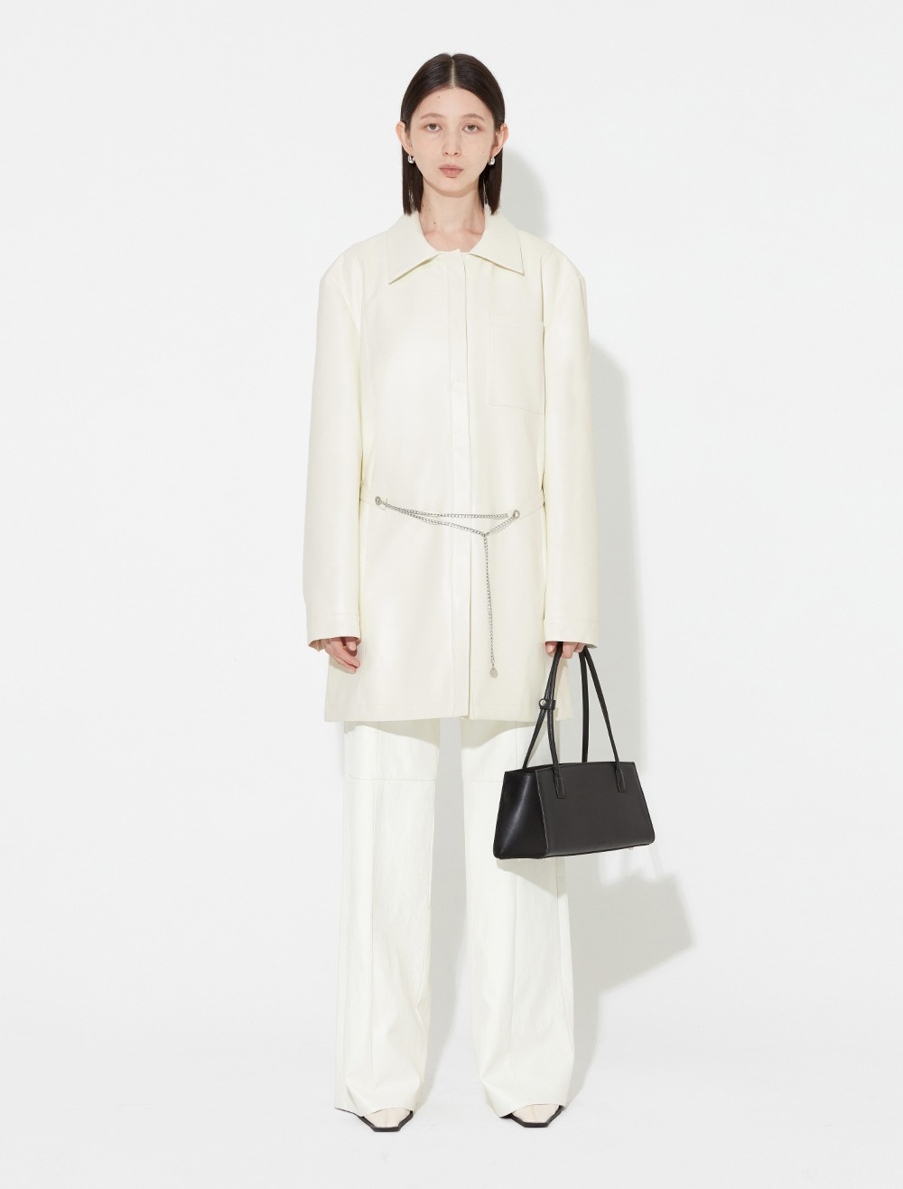FAUX LEATHER BELTED COAT [WHITE]