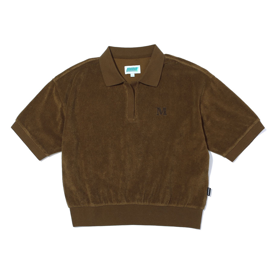 (W) FRENCH TERRY CROP POLO SHIRT BROWN