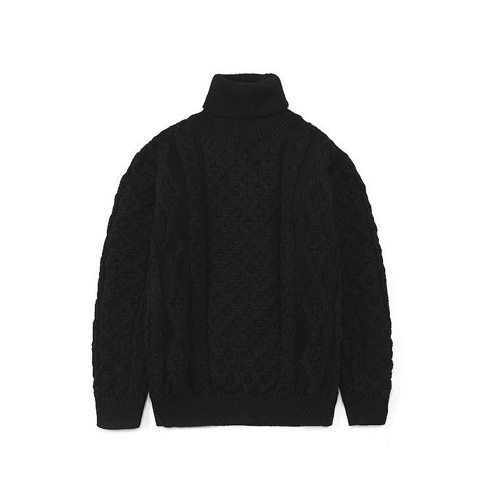 Aran Roll Neck Polo Sweater  - Black