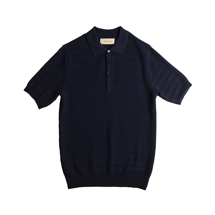 Cotton Knit Herringbone Polo Shirts - Navy