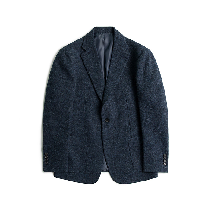 British Wool Herringbone Tweed Jacket - Navy