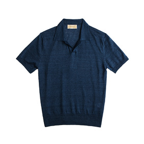 Linen Knit Open Collar Polo Shirts - Indigo Blue