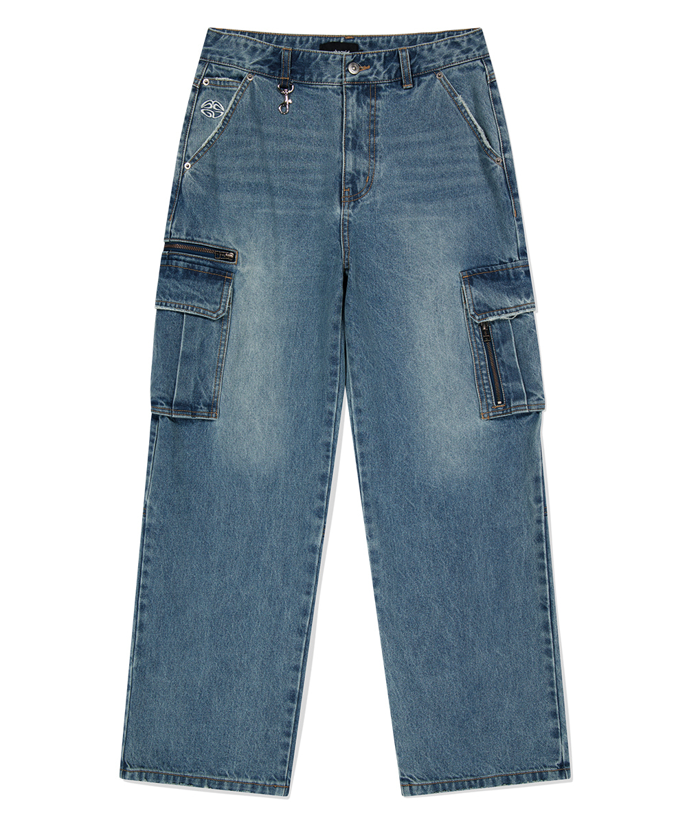 【mahagrid】24FW★ WASHED ZIP CARGO DENIM PANT WASHED ZIP CARGO DENIM PANT [BLUE] - MAHAGRID