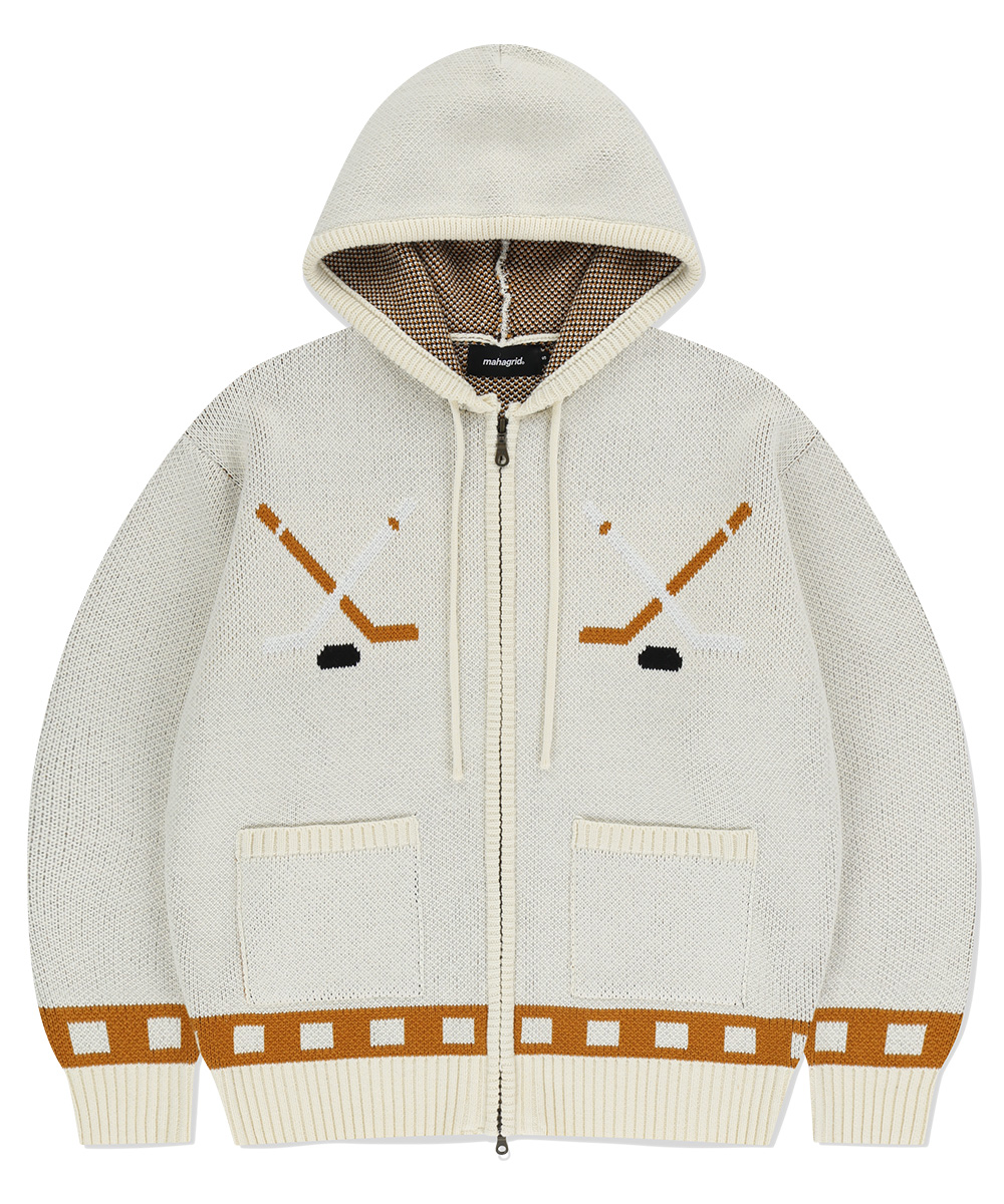 【mahagrid】24FW★ HOCKEY KNIT ZIP-UP HOODIE HOCKEY KNIT ZIP-UP [HOODIE [IVORY] - MAHAGRID