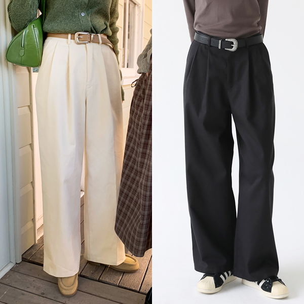 Tuck Front Wide Leg Cotton Long Pants
