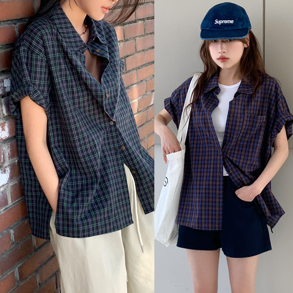 ヴィンテージチェック半袖シャツ(+ストラップ)-💓66girls💓 韓国人気