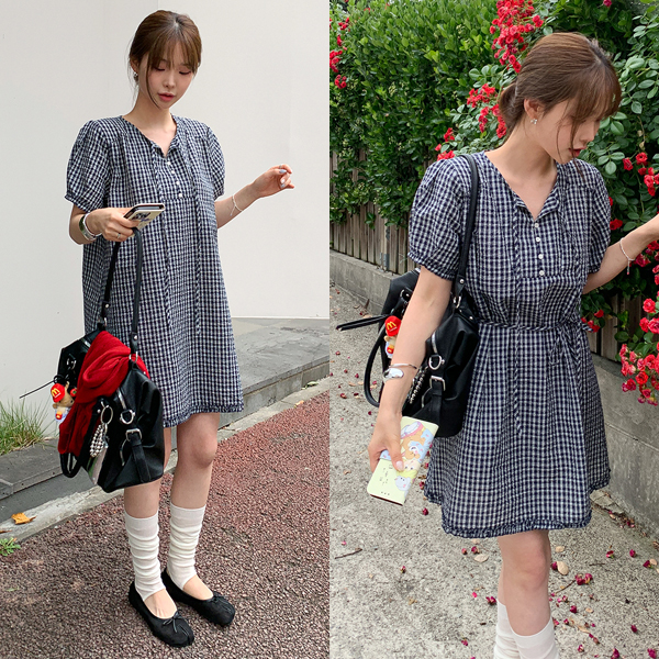 チェックエンボス半袖ミニワンピース(+ストラップ)-💓66girls💓 韓国