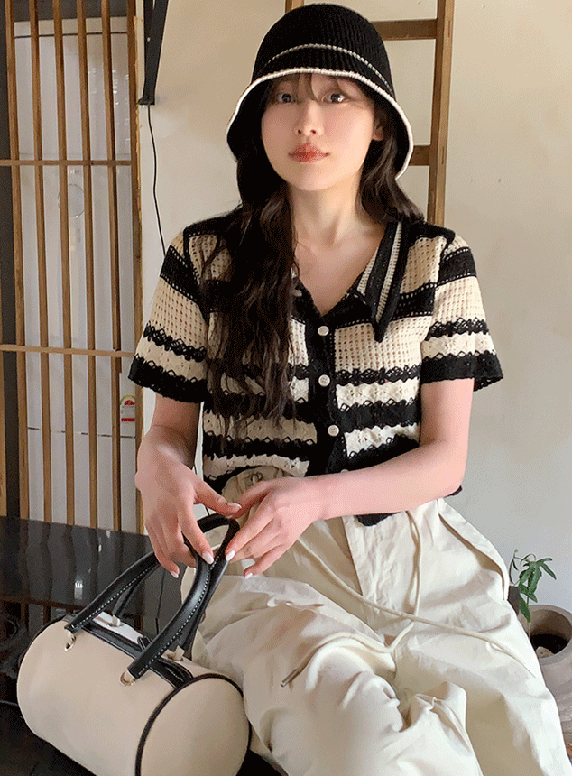 ルナかぎ編みカラー半袖カーディガン💛66girls💛
