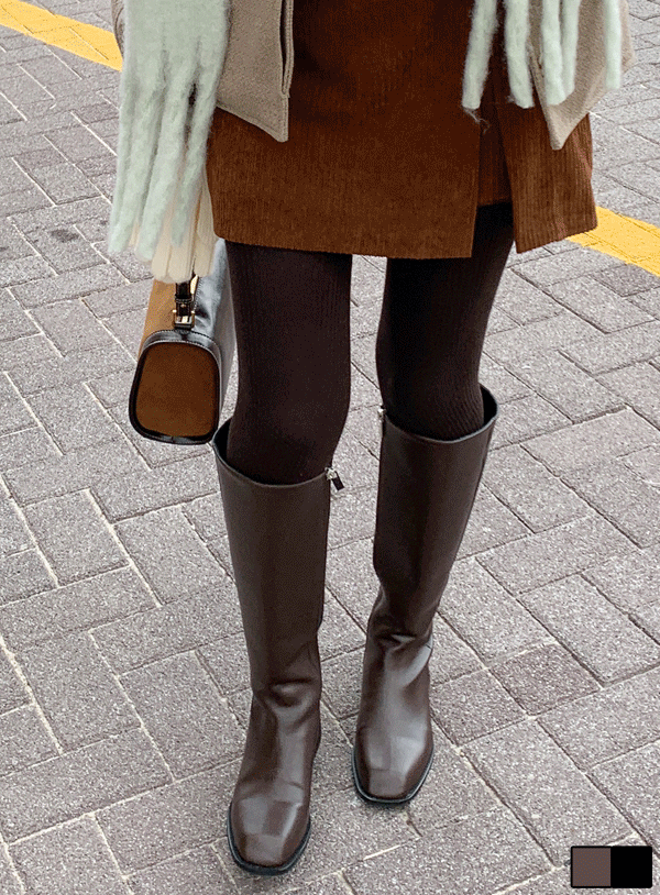 侧拉链纯色方头长靴 (230-270)