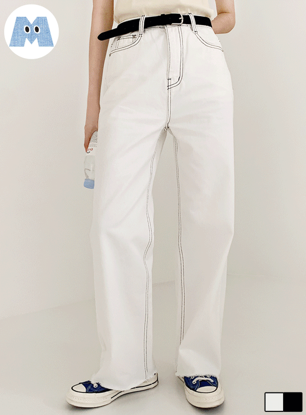 [M] 配色缝线不修边宽裤