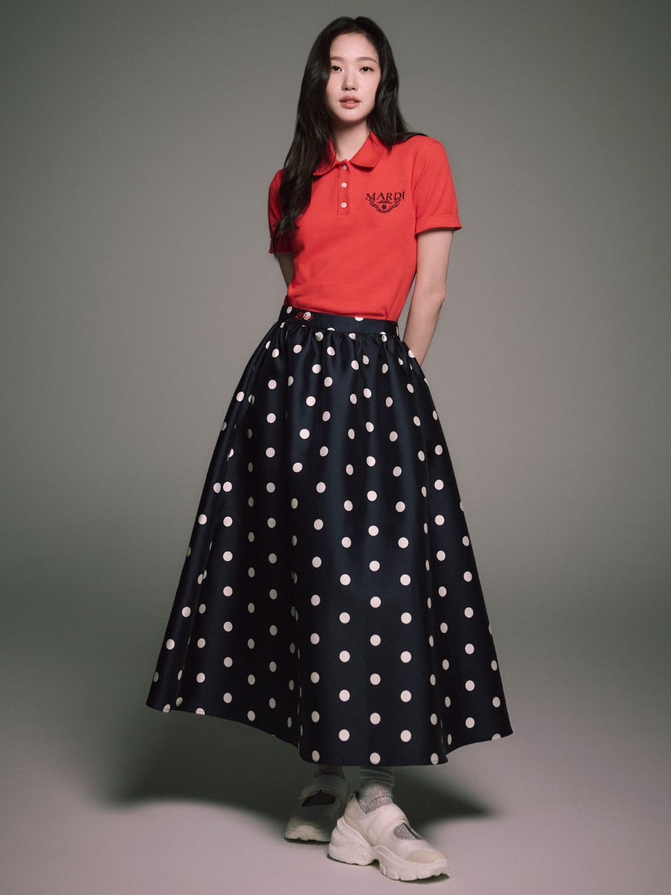 VOLUME MAXI SKIRT CRAPE DOT_NAVY RED