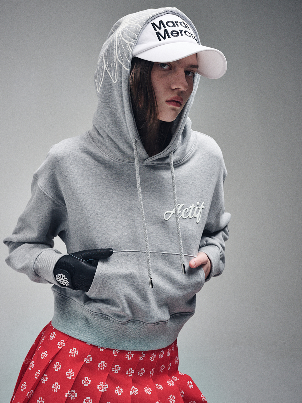 [ACTIF] CROPPED HOODIE SWEATSHIRT FLOWER PRINTED_MELANGE GREY IVORY