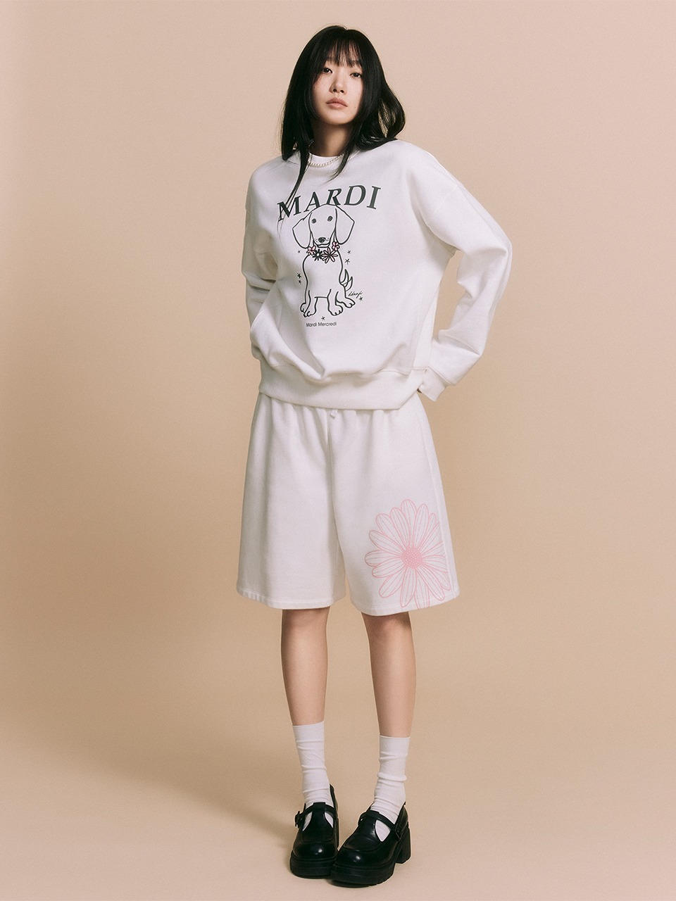 ★MARDI MERCREDI★OVERSIZED SWEAT BERMUDA FLOWER★大人気★ OVERSIZED SWEAT BERMUDA FLOWER_WHITE PINK - MARDI MERCREDI