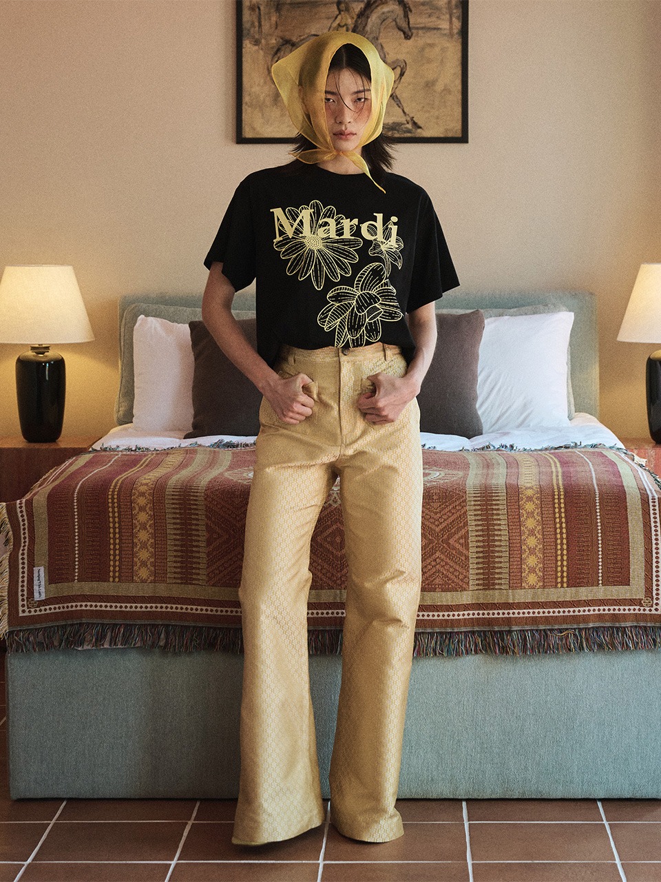 ★MARDI MERCREDI★FLARE JEANS FLORAL★大人気★ FLARE PANTS FLOWER JACQUARD_YELLOW - MARDI MERCREDI