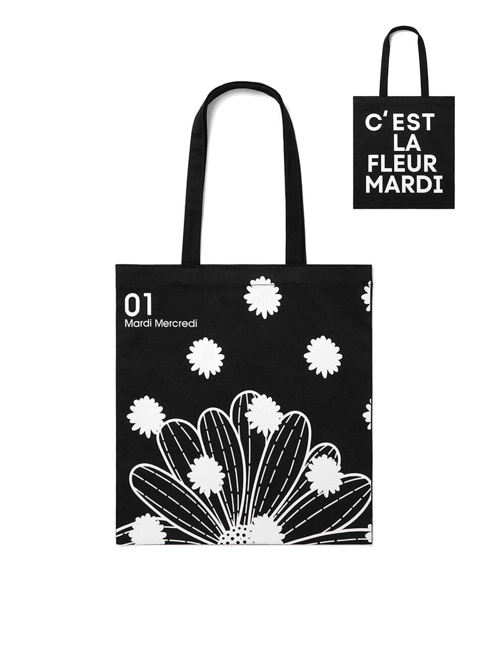 ●Mardi Mercredi●FLOWERMARDI PANINI BAG_BLACK CANVAS BAG FLOWER DOTS_BLACK WHITE - MARDI MERCREDI