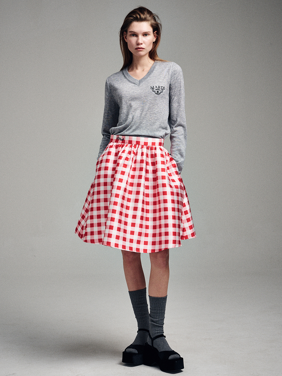 VOLUME MIDI SKIRT MICADO GINGHAM PLAID_RED