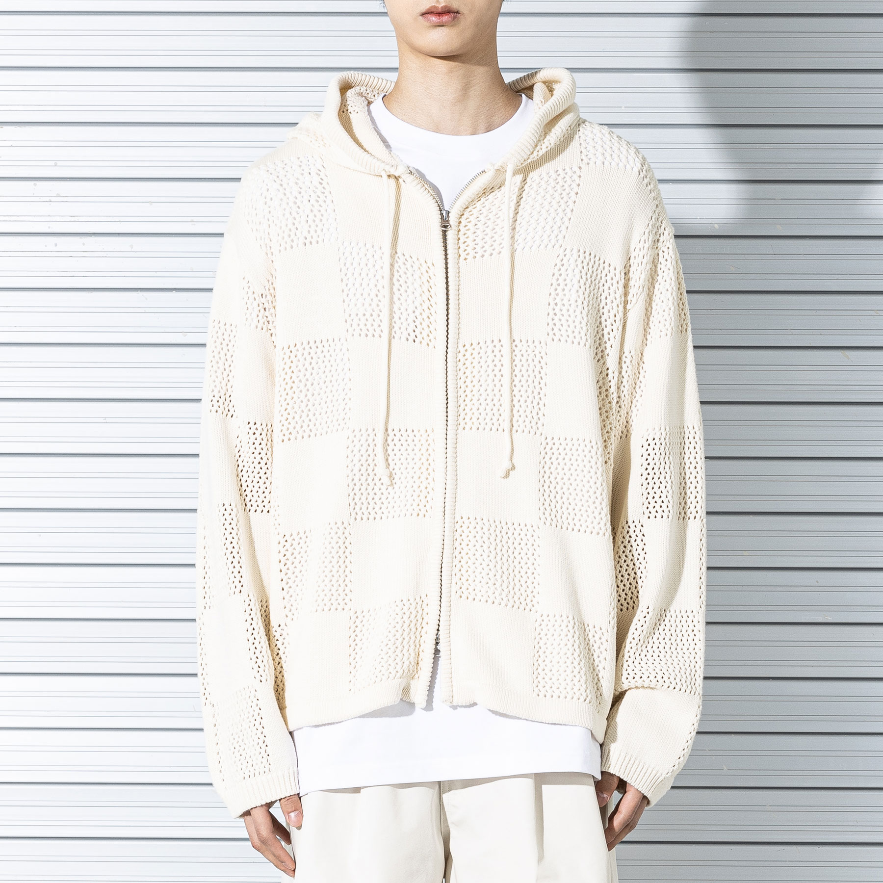 CHECKERBOARD MESHED ZIP-UP KNIT MSTNT002-CR