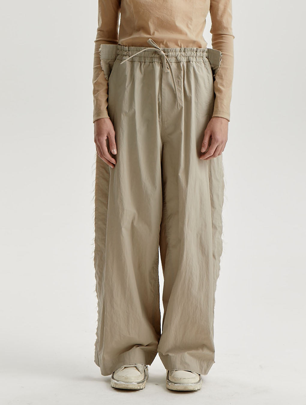 Beige Nylon Distressed Wide Trousers