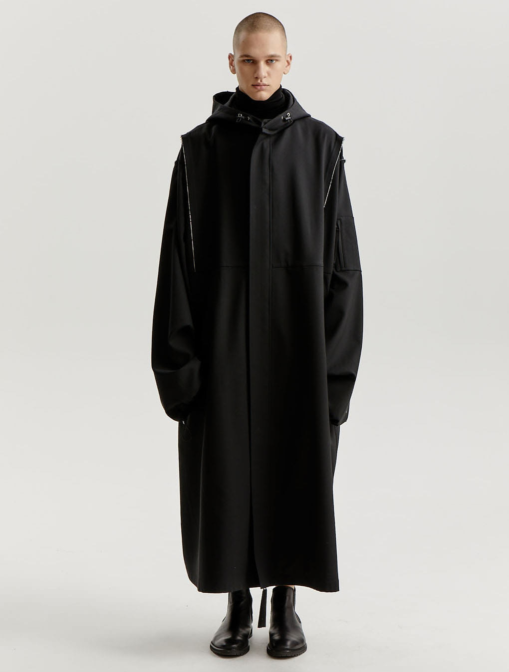 Black Wool Distressed Hooded Rain Coat