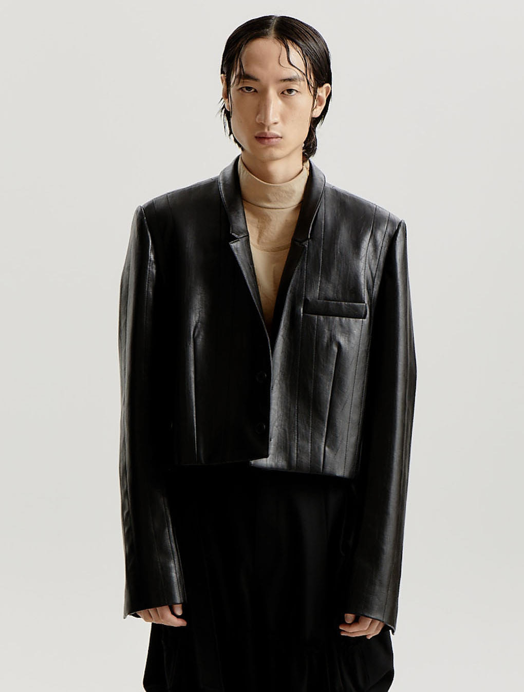 Black Faux Leather Stitch Detailed Cropped Jacket