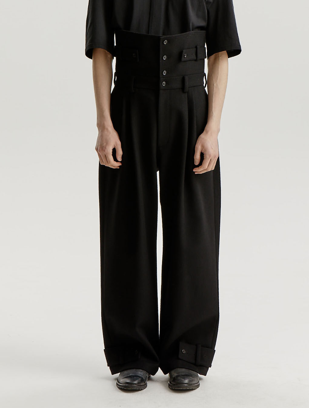 Black Waist Panel Wool Tapered Trousers