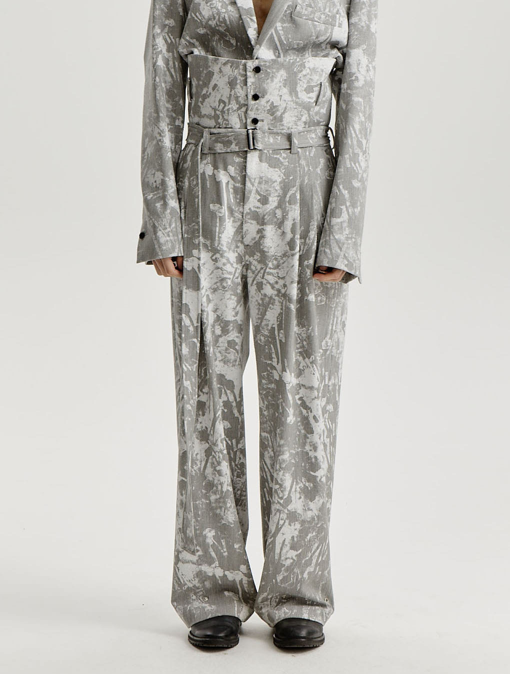 Grey White Scattered Printed Button-up Tapered Trousers