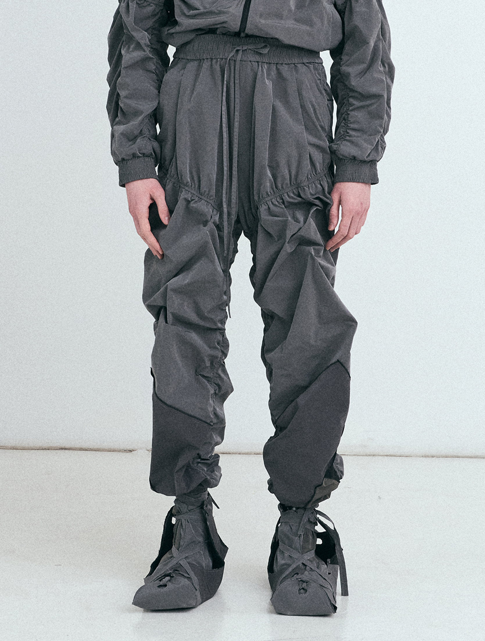 Grey Technical Shirring Contrast Track Pants