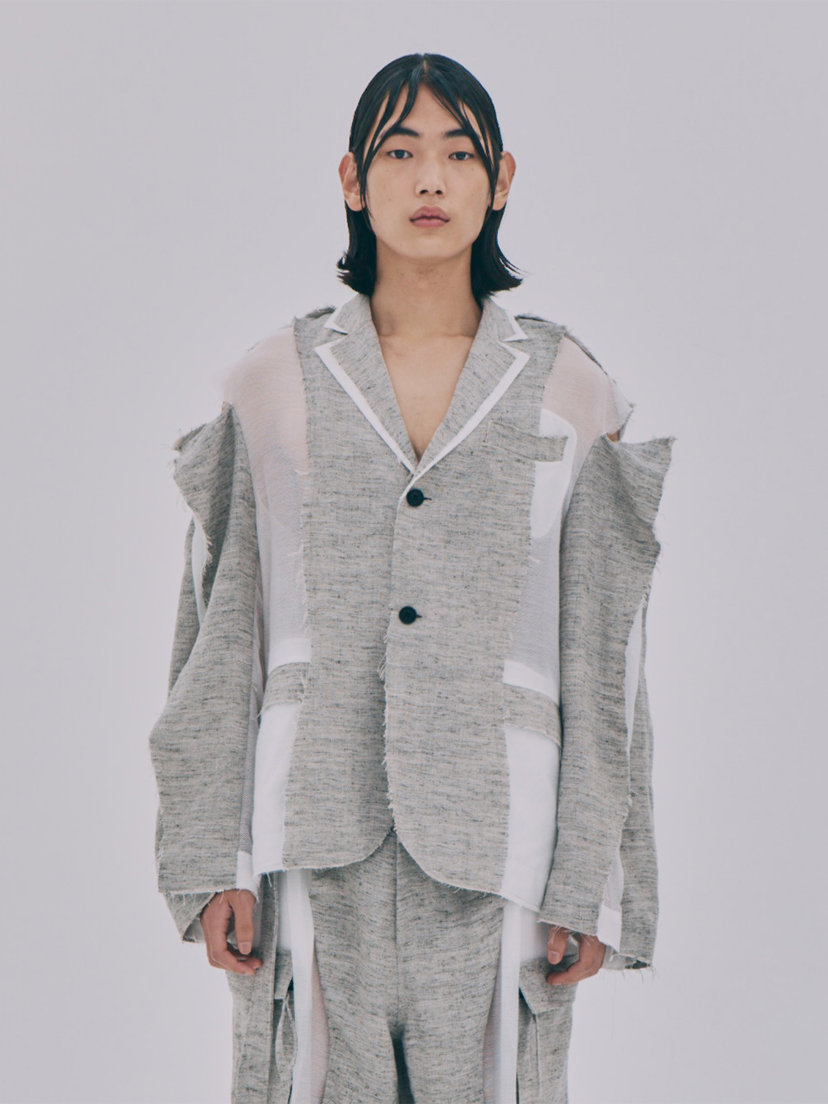 Grey Linen Blended Wave Structured Jacket