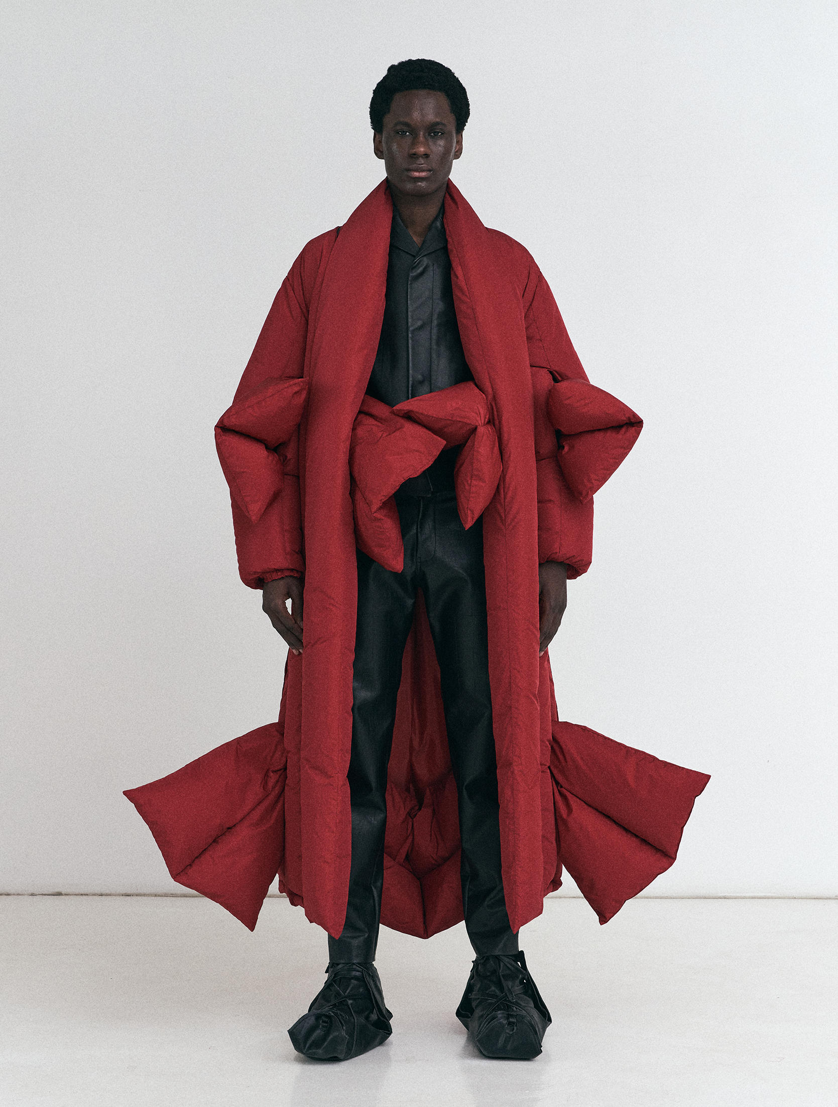 Red Multi Slit Plaited Puffer Long Coat