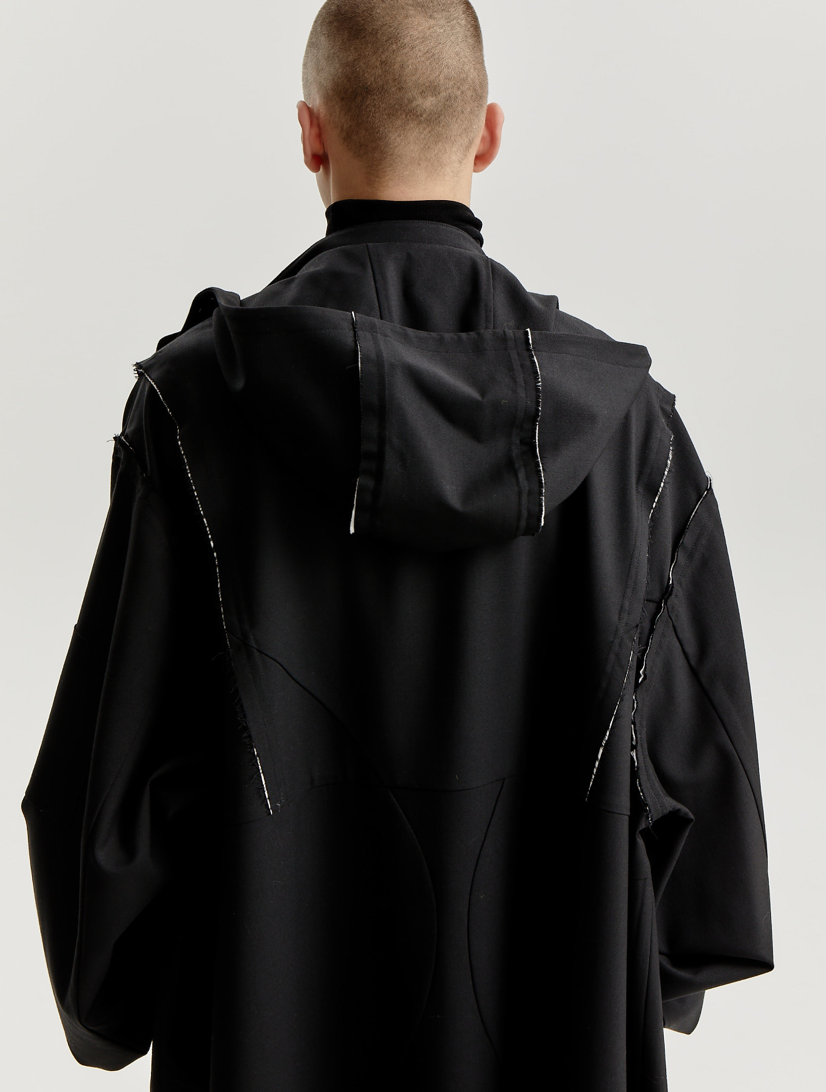 Black Wool Distressed Hooded Rain Coat