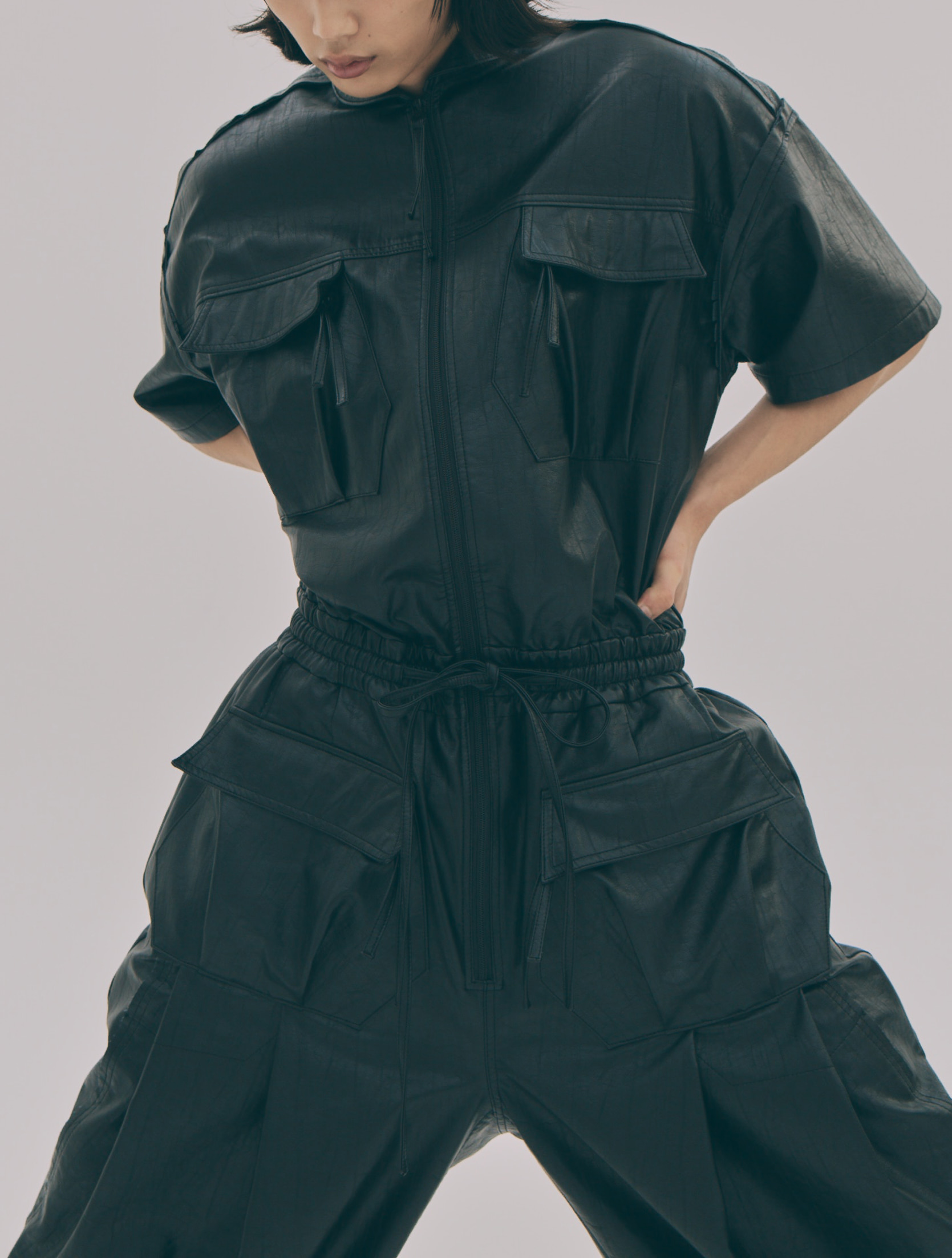 Black Faux Leather Patch Pocket Overall