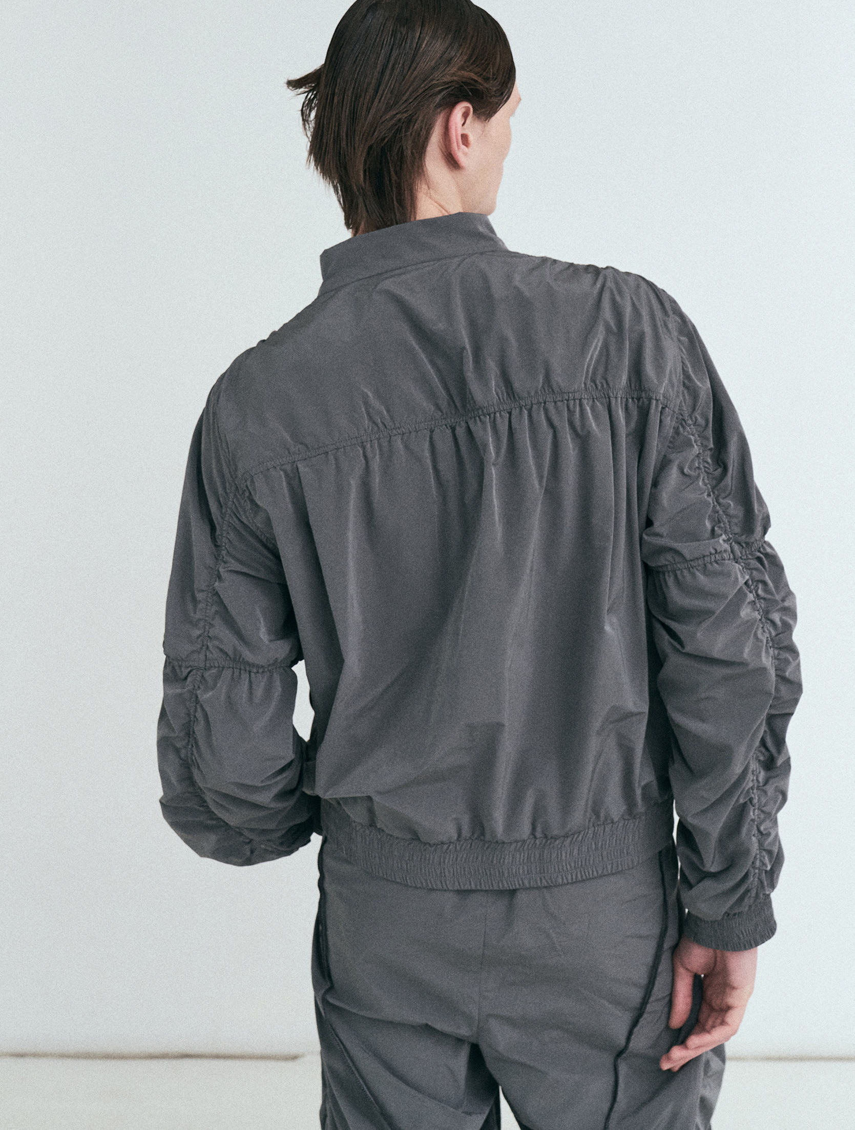 Grey Technical Shirring Asymmetrical Track Jacket