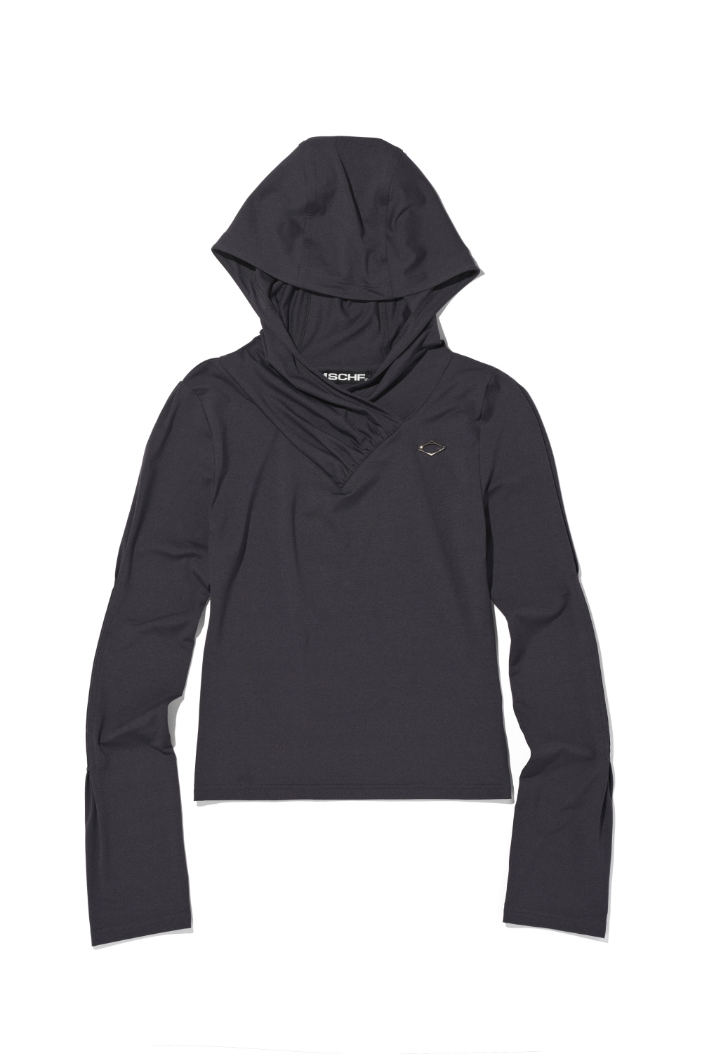 HOODED SHIRRING OVERLAP TOP_CHARCOAL