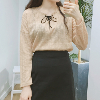 Lace-Up Neck Long Sleeve Top