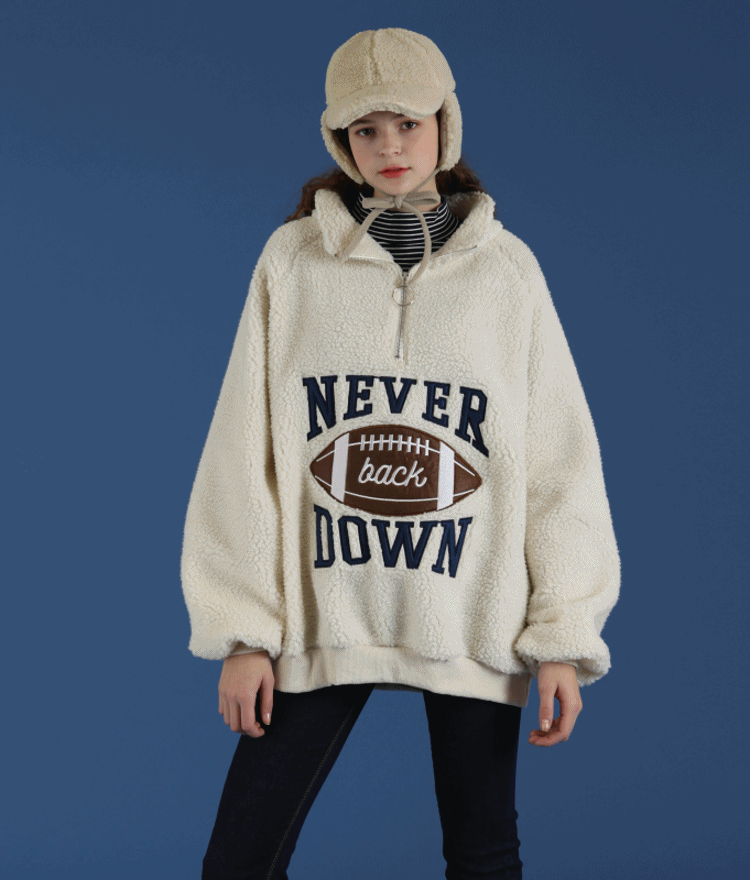 NEVERM!NDEmbroidered Football Sherpa Fleece Quarter Zip Sweatshirt