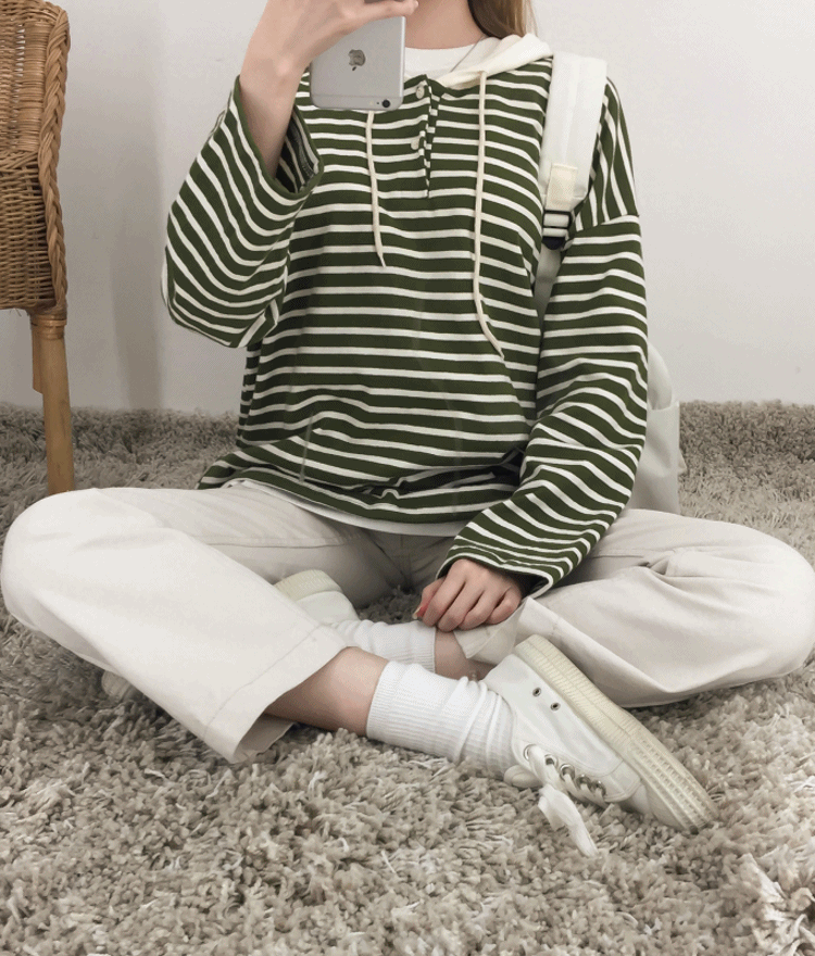 NEVERM!NDStriped Partial Button Placket Hoodie