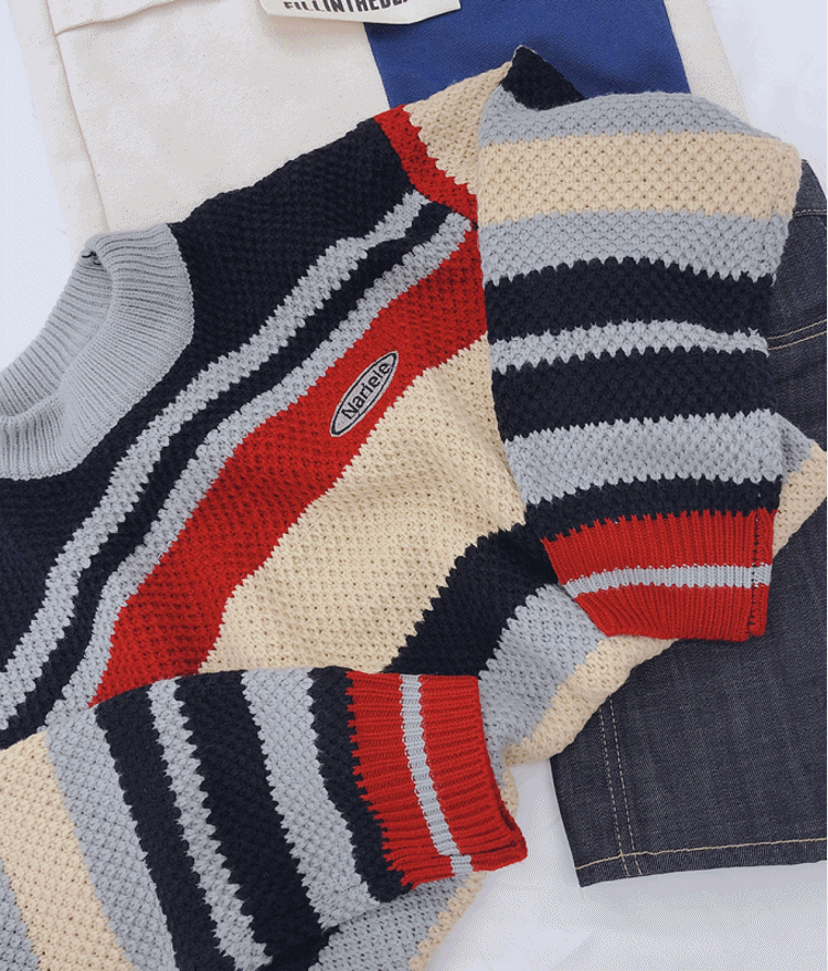 NEVERM!NDEmbroidered Patch Striped Sweater