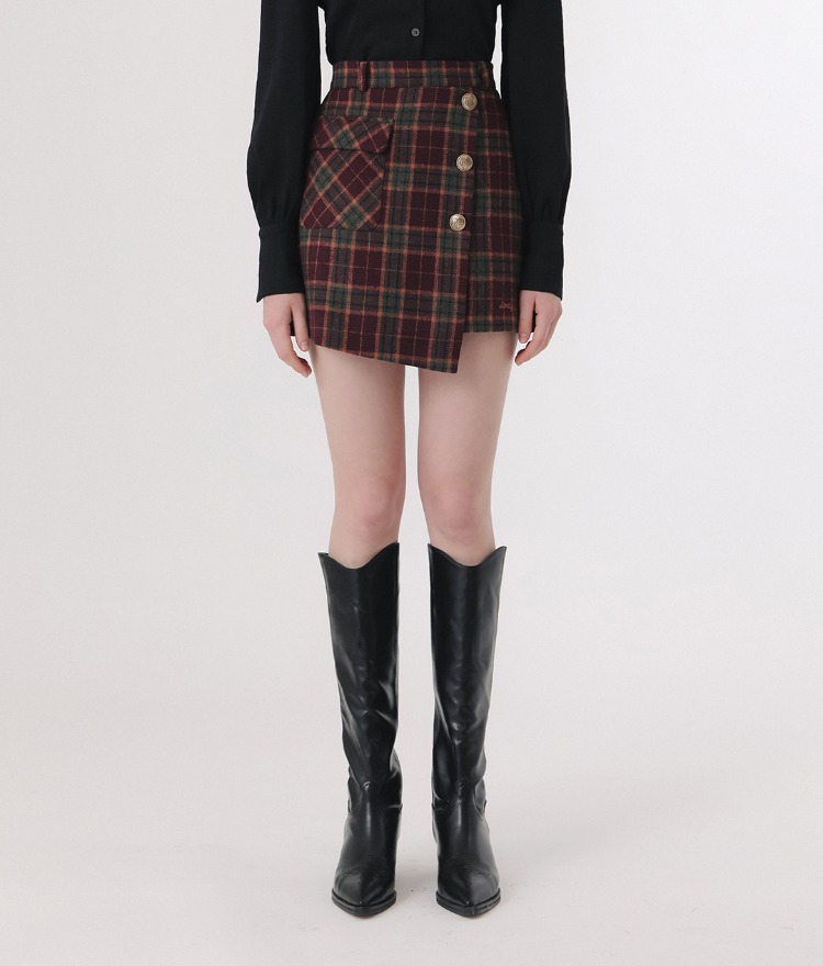 LONELY CLUBWine-Tone Asymmetrical Hem Check Skirt