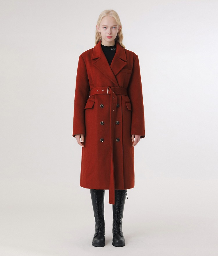 LONELY CLUBBrick Red Belted Woolen Coat