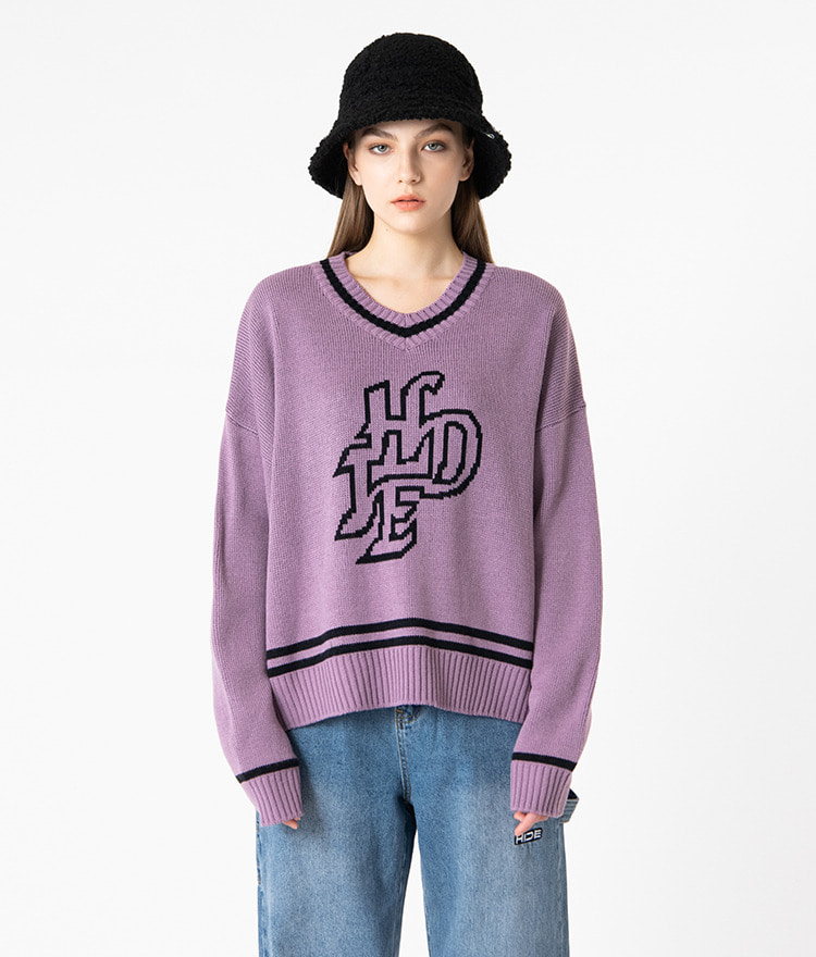 HIDEV-Neck Contrast Stripe Light Purple Knit Top