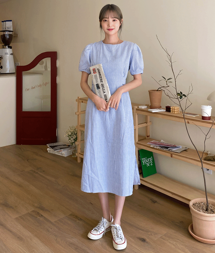 ESSAYTie-Waist Puffed Sleeve Striped Dress