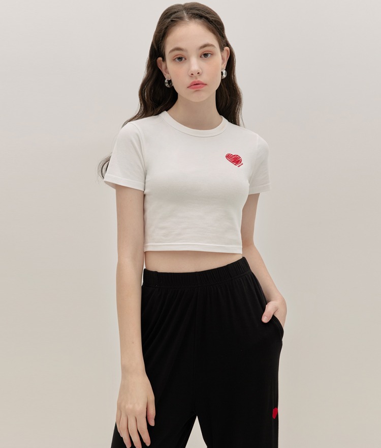 HEART CLUBEmbroidered Heart Accent White Crop Top