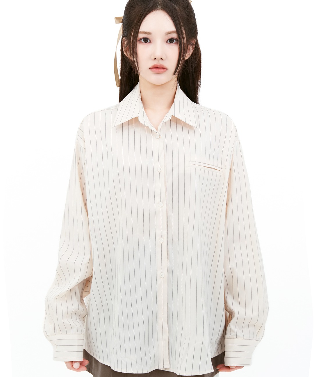 YUSEI 베어 스트라이프 포켓 오버핏 셔츠 (3color)
