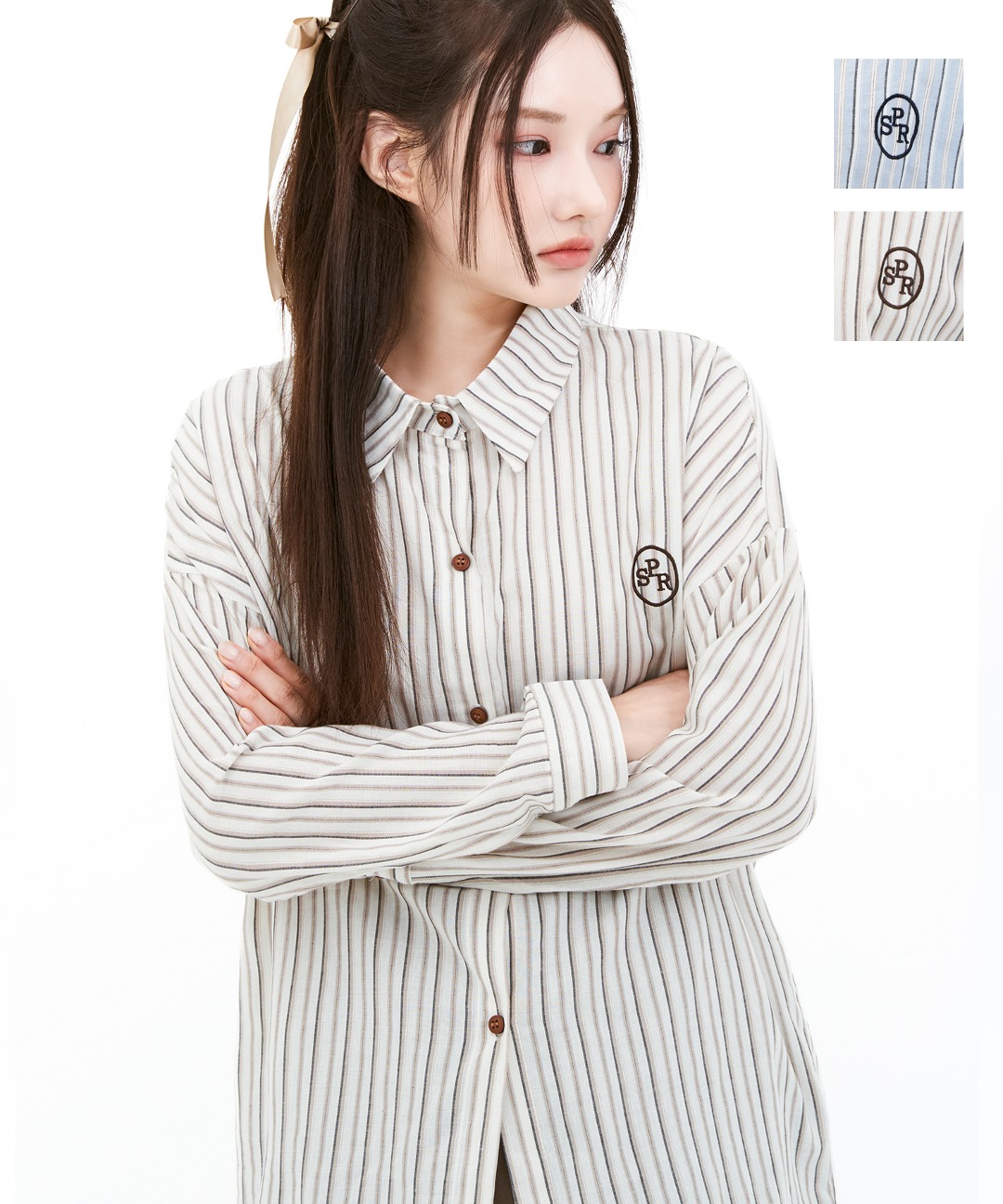 YUSEI 케인 스트라이프 자수 와펜 오버핏 남방 셔츠 (2color)