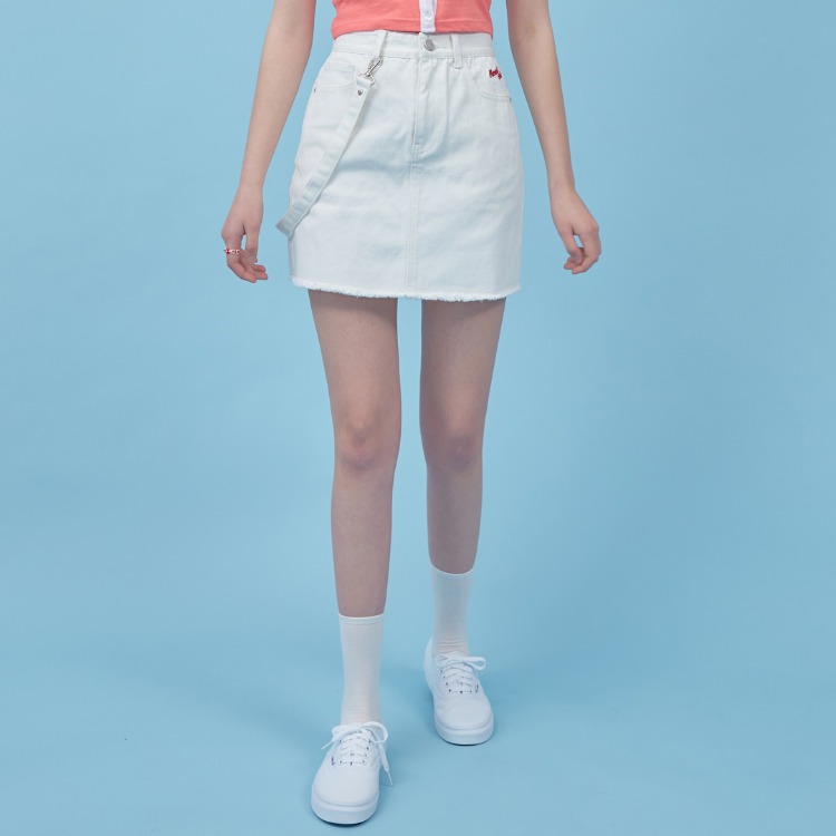 Heart Strap Denim Skirt (White)