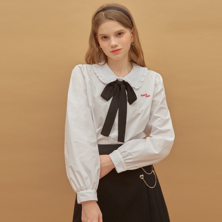 HEART CLUBContrast Ribbon Accent White Blouse
