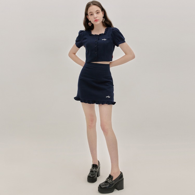 Heart Square Frill Blouse (Navy)Heart Frill Skirt (Navy)SET
