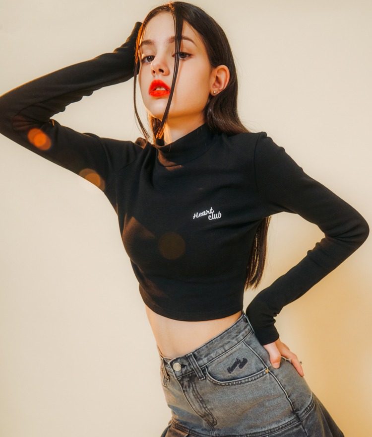 HEART CLUBBlack Logo Embroidery High Neck Crop Top